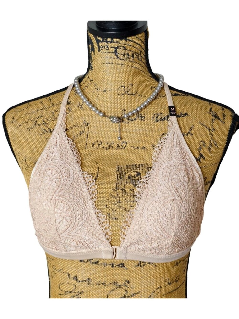 Victorias Secret M Lace Halter T-Back Bralette Beige Front Closure Lightly Lined